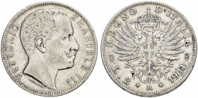 ITALIEN
Königreich
Vittorio Emanuele III. 1900-1946. 2 Lire 1904, Roma. 9.92 g. Nomisma 1154. Selten / Rare. Sehr schön / Very fine.