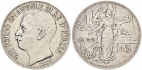 ITALIEN
Königreich
Vittorio Emanuele III. 1900-1946. 5 Lire 1911 R, Roma. 50 Jahre Königreich Italien. 24.97 g. Nomisma 1129. Dav. 143. Minimale Ran...