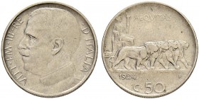 ITALIEN
Königreich
Vittorio Emanuele III. 1900-1946. 50 Centesimi 1924 R, Roma. Mit Riffelrand. 6.01 g. Nomisma 1240. Pagani 804. Sehr schön / Very ...