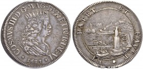 ITALIEN
Livorno
Cosimo III. di Medici, 1670-1723. Tollero 1683, Livorno. 27.07 g. MIR 64/5. Dav. 4215. Kleines Zainende / Minor edge clip. Sehr schö...