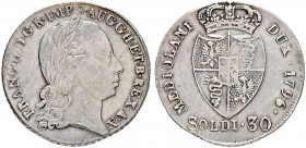 ITALIEN
Mailand
Francesco II (I) d'Asburgo, 1792-1835. 30 Soldi 1796, Mailand. 7.03 g. Herinek 616. Montenegro 172. Sehr schön / Very fine.