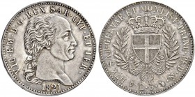 ITALIEN
Savoyen / Sardinien
Vittorio Emanuele I, 1802-1821. 5 Lire 1821, Torino. 25.02 g. Nomisma 520. Dav. 134. Äusserst selten / Extremely rare. F...