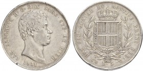 ITALIEN
Savoyen / Sardinien
Carlo Alberto, 1831-1849. 5 Lire 1831, Genova. Schmales Kreuz im Wappen. 24.98 g. Nomisma 672. Dav. 136. Selten / Rare. ...