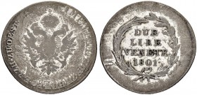 ITALIEN
Venedig
Francesco II, 1798-1835. 2 Lire 1801. Überprägt auf österreichischem 24-Kreuzer-Stück. 9.13 g. Montenegro 09. Herinek 575. Sehr schö...