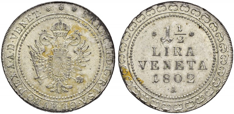 ITALIEN
Venedig
Francesco II, 1798-1835. 1 1/2 Lire 1802 A, Wien. 11.65 g. Mon...
