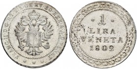 ITALIEN
Venedig
Francesco II, 1798-1835. Lira 1802, Wien. 8.53 g. Montenegro 15. Herinek 582. Kleiner Schrötlingsfehler / Minor planchet defect. Vor...