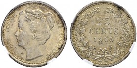 NIEDERLANDE
Königreich der Niederlande
Wilhelmina 1890-1948. 25 Cents 1905. Schulman 858. NGC MS 62. Vorzüglich-FDC / Extremely fine-uncirculated.