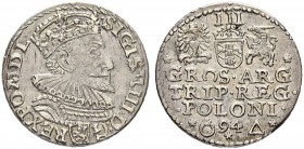 POLEN
Sigismund III. 1587-1632. 3 Groschen 1594, Marienburg. Rv. GROS mit offenem "O" 2.44 g. Iger M94.2.var. (R3). Vorzüglich / Extremely fine.