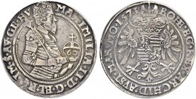SAMMLUNG VON MÜNZEN UND MEDAILLEN DES RÖMISCH-DEUTSCHEN REICHES UND ÖSTERREICHS
Maximilian II. 1564-1576. Guldentaler zu 60 Kreuzer 1573, Kuttenberg....