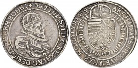 SAMMLUNG VON MÜNZEN UND MEDAILLEN DES RÖMISCH-DEUTSCHEN REICHES UND ÖSTERREICHS
Matthias, (1608-)1612-1619. Taler 1609, Wien. 28.33 g. Dav. 3037. Seh...