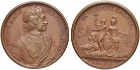 RUSSLAND
Peter I. 1682-1725. Bronzemedaille 1725. Auf seinen Tod. Stempel von J. Dassier. Brustbild nach rechts. Rv. Neptun und Minerva vor Segelschi...