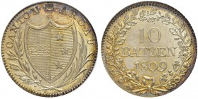 SCHWEIZER MÜNZEN UND MEDAILLEN
Aargau
10 Batzen 1809. Palm- und Loorbeerzweig. D.T. 192b. HMZ 2-21b. NGC MS 67. Prachtvolle Erhaltung. FDC / Cabinet...