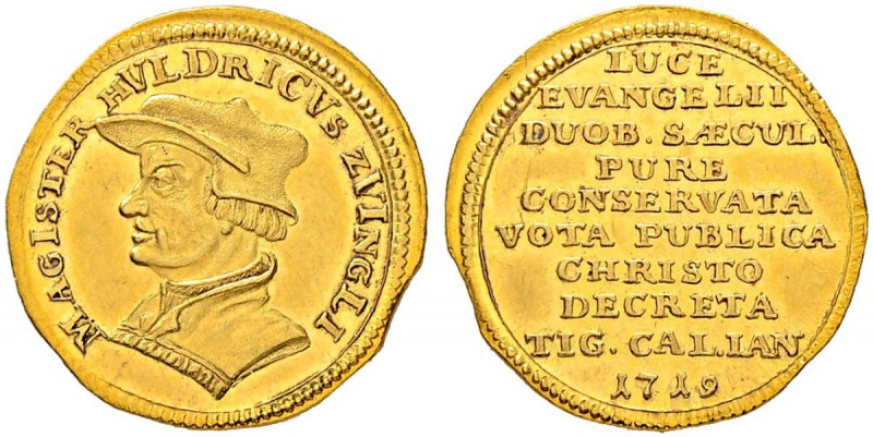 SCHWEIZER MÜNZEN UND MEDAILLEN
Zürich
Dukat 1719. Sog. Zwingli-Dukat. 3.44 g. ...
