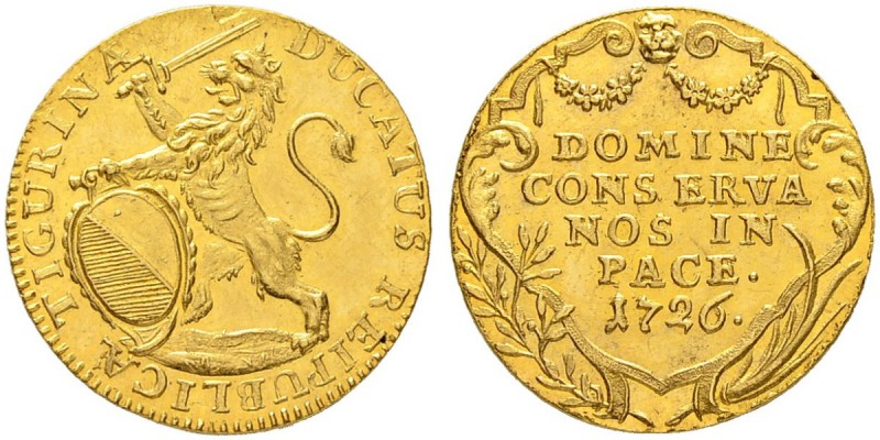 SCHWEIZER MÜNZEN UND MEDAILLEN
Zürich
Dukat 1726. 3.44 g. D.T. 406i. HMZ 2-116...