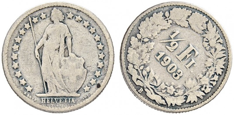 SCHWEIZER MÜNZEN UND MEDAILLEN
Fehlprägungen
1/2 Franken 1903 B, Bern. 45° ver...