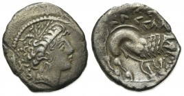 Celtic, Southern Gaul. Insubres, Drachm, 2nd century BC. AR (g 2,22; mm 15; h 2). Imitating Massalia. Wreathed head of female r.; Rv. Lion standing r....