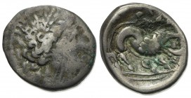 Celtic, Southern Gaul. Insubres, Drachm, 2nd century BC. AR (g 3,00; mm 15; h 3). Imitating Massalia. Wreathed head of female r.; Rv. Lion standing r....