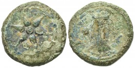 Etruria, Uncertain mint, Uncia, ca. 300-250 BC. AE (g 7.61; mm 21.5; h 12). Wheel with six spokes; pellet within; Rv. Head of labrys; pellet to l., V ...