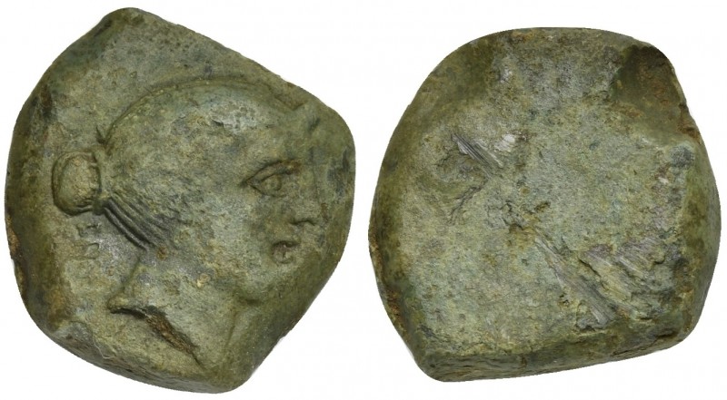 Etruria, Vetulonia, Uncia, 3rd century BC. AE (g 8,21; mm 20; h -). Female head ...