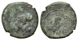Samnium, Teanum Sidicinum, c. 265-240 BC. AE (g 6,37; mm 20; h 6). Head of Athena l., wearing crested Corinthian helmet, Rv. TIANO, Cock standing r; s...