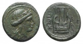 Southern Campania, Capua, Semuncia, ca. 216-211 BC. AE (g 4.10; mm 16; h 7). Laureate head of Apollo r. Rv. Lyre. HNItaly 499; SNG ANS 222. Green pati...