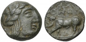 Southern Campania, Irnum, Bronze, ca. 250-225 BC. AE (g 3,24; mm 16; h 12). Laureate head of Apollo r., Rv. IPNΘI, man-faced bull walking l. HNItaly 5...