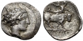 Southern Campania, Neapolis, Obol, ca. 420-400 BC. AR (g 0,75; mm 12; h 3); Female head r., Rv. NEOΠOΛITΩN, Man-headed bull advancing r., crowning by ...