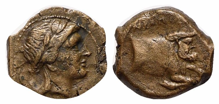 Southern Campania, Neapolis, ca. 320-300 BC. AE (g 1,46; mm 11,5; h 12). Laureat...