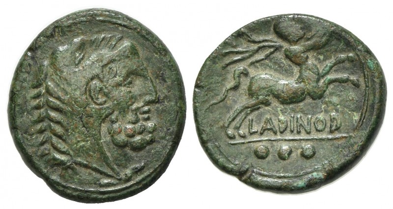 Eastern Italy, Larinum, Quadrans, ca. 210-175 BC. AE (g 6.78, mm 19, h 9). Beard...