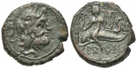 Southern Apulia, Brundisium, Semis, ca. 2nd century BC. AE (g 8.59; mm 22; h 5). Wreathed head of Neptune r.; to l., Victory, crowning him with wreath...