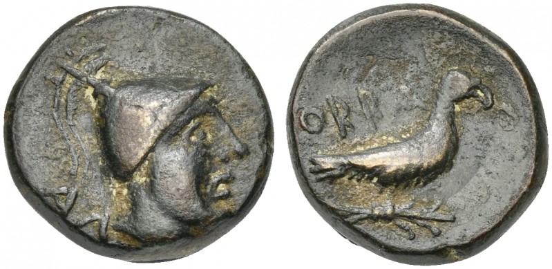 Southern Apulia, Orra, Bronze, ca. 250-225 BC. AE (g 4,74; mm 15; h 11). Head of...