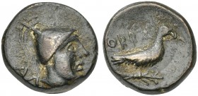 Southern Apulia, Orra, Bronze, ca. 250-225 BC. AE (g 4,74; mm 15; h 11). Head of young male r., wearing conical helmet; behind, AΛ , Rv. ORRA, eagle s...