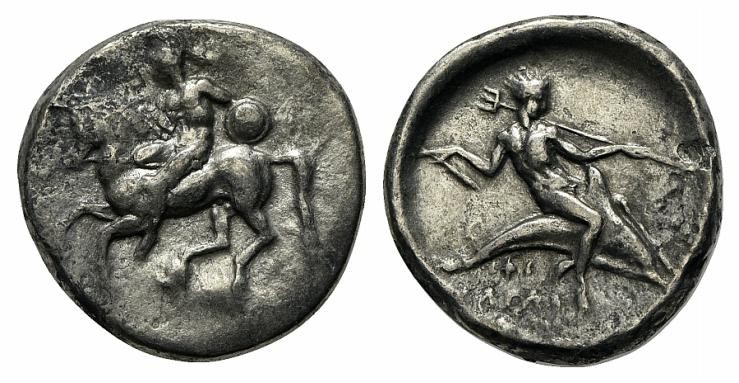 Southern Apulia, Tarentum, Nomos, ca. 425-380 BC. AR (g 7,39; mm 19; h 9). Nude ...