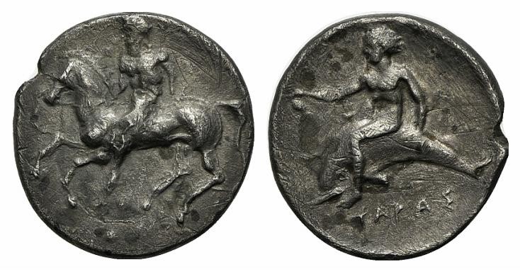 Southern Apulia, Tarentum, Nomos, ca. 425-380 BC. AR (g 5,58; mm 21; h 12). Nude...