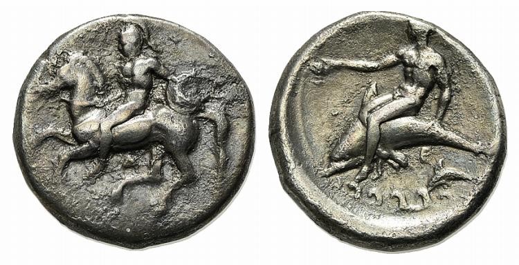 Southern Apulia, Tarentum, Nomos, ca. 380-340 BC. AR (21mm, 7.60g, 11h). Warrior...