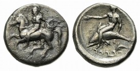 Southern Apulia, Tarentum, Nomos, ca. 380-340 BC. AR (21mm, 7.60g, 11h). Warrior, wearing helmet and holding shield and rein, on horseback l.; Δ below...