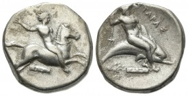 Southern Apulia, Tarentum, Nomos, ca. 380-340 BC. AR (g 7,68; mm 21; h 12). Horseman galloping r., raising whip; ΘPA below; Rv. Phalanthos on dolphin ...
