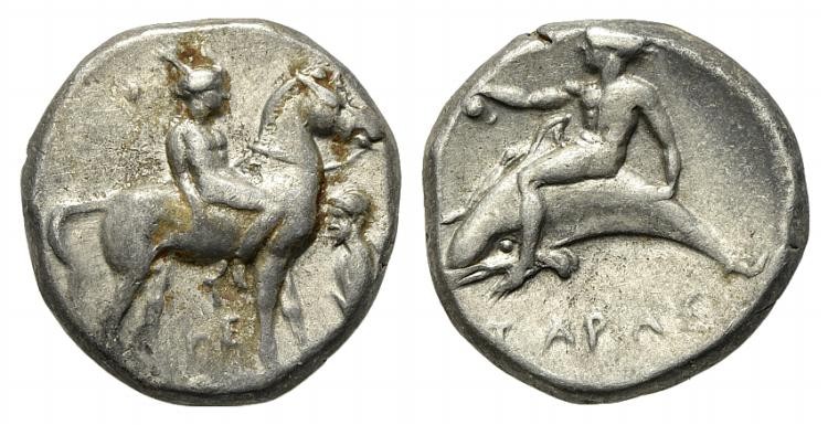 Southern Apulia, Tarentum, Nomos, ca. 380-340 BC. AR (20mm, 7.97g, 2h). Nude you...