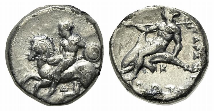 Southern Apulia, Tarentum, Nomos, ca. 380-340 BC. AR (19.5mm, 7.66g, 12h). Nude ...