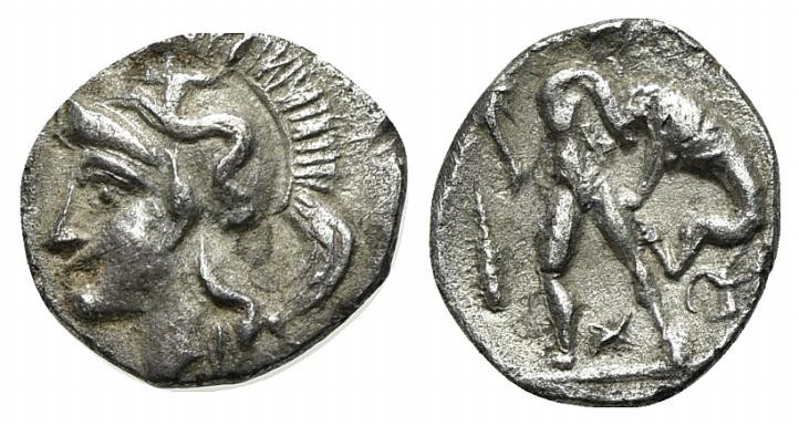 Southern Apulia, Tarentum, Diobol, ca. 380-325 BC. AR (g 0,87; mm 10; h 9). Head...