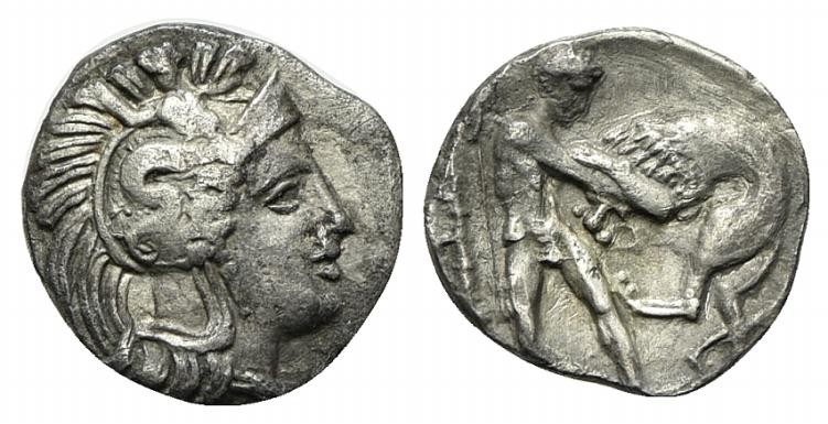 Southern Apulia, Tarentum, Diobol, ca. 380-325 BC. AR (g 0,76; mm 10; h 3). Helm...