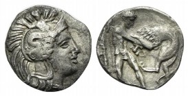 Southern Apulia, Tarentum, Diobol, ca. 380-325 BC. AR (g 0,76; mm 10; h 3). Helmeted head of Athena r., helmet decorated with Skylla; Rv. Herakles sta...
