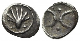 Southern Apulia, Tarentum, Hemiobol, ca. 380-325 BC. AR (g 0,22; mm 7; h 12). Shell; Rv. Double crescent; pellet above and below. Vlasto 1789-91; HNIt...