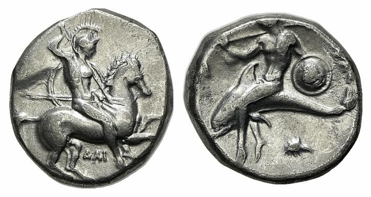 Southern Apulia, Tarentum, Nomos, ca. 332-302 BC. AR (19mm, 7.80g, 1h). Warrior,...