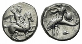 Southern Apulia, Tarentum, Nomos, ca. 332-302 BC. AR (19mm, 7.80g, 1h). Warrior, holding shield and two spears, preparing to cast a third, on horsebac...