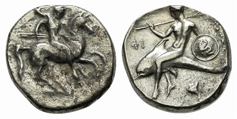Southern Apulia, Tarentum, Nomos, ca. 332-302 BC. AR (g 7,41; mm 20; h 3). Warri...