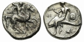 Southern Apulia, Tarentum, Nomos, ca. 332-302 BC. AR (g 7,41; mm 20; h 3). Warrior, holding shield and two spears, preparing to cast a third, on horse...