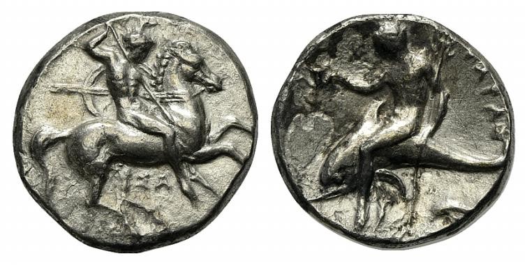 Southern Apulia, Tarentum, Nomos, ca. 332-302 BC. AR (g 6,23; mm 19; h 6). Horse...
