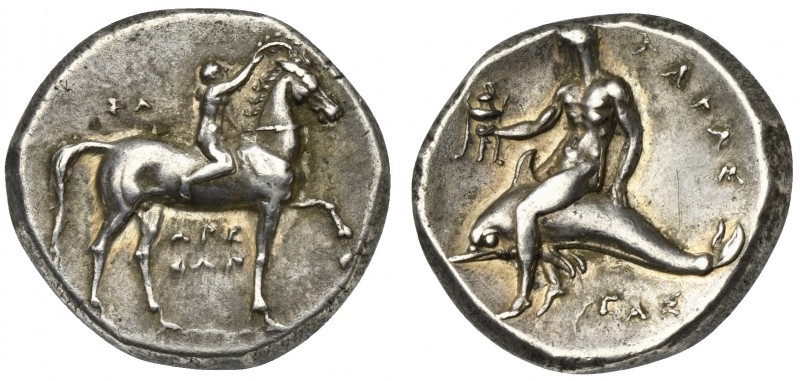 Southern Apulia, Tarentum, Nomos, ca. 302-280 BC. AR (g 7,84; mm 21; h 12). Yout...