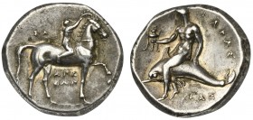 Southern Apulia, Tarentum, Nomos, ca. 302-280 BC. AR (g 7,84; mm 21; h 12). Youth riding and crowning horse r.; behind, ΣA; below, ΛPE / ΘΩN, Rv. TAPA...